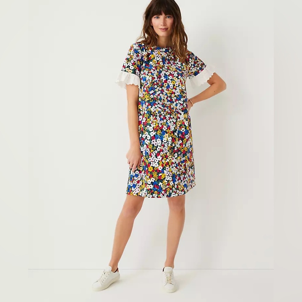 Ann Taylor Floral Eyelet Cuff Shift Dress